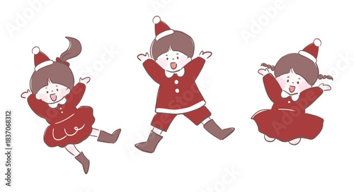 クリスマス　ジャンプしている子どものイラストセット／かわいい手描きキッズ／元気なポーズ／保育園・教育・イベント向け素材