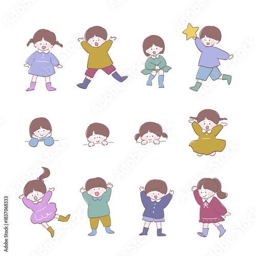 set of cartoon people 子どものイラストセット／かわいい手描きキッズ／歩く・ジャンプ・のぞき見などのポーズ／保育園・子育て・教育素材
