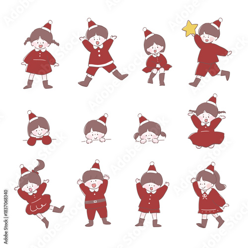 santa claus set　クリスマス　サンタ風の子どものイラストセット／かわいい手描きキャラクター／ジャンプ・歩く・のぞくポーズ