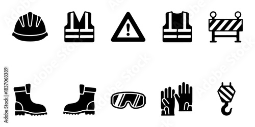 Industrial and construction safety equipment vector icon set featuring personal protective gear and hazard warning signs for workplace security