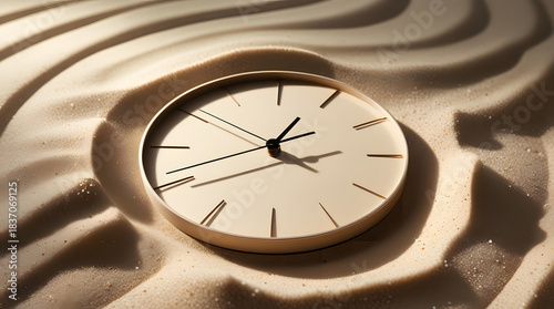 a clock with dial and needles lying on sand