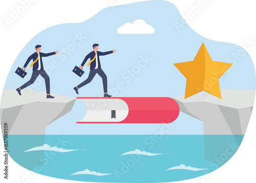 training or diploma concept, businessman and woman walk on education degree scroll as bridge to cross the gap.
