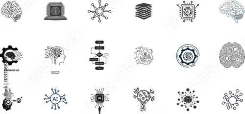 Collection of AI and Technology Icons Representing Machine Learning, Neural Networks, and Data Processing