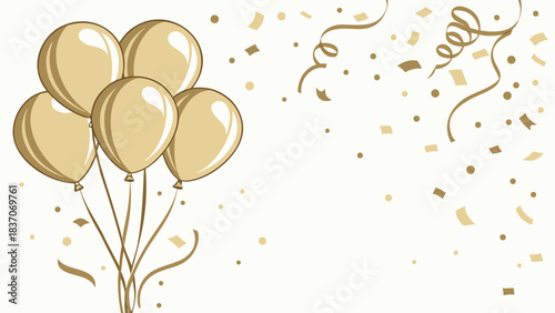 Five gold balloons float on the left side of a white background, with golden confetti and streamers scattered across the right.