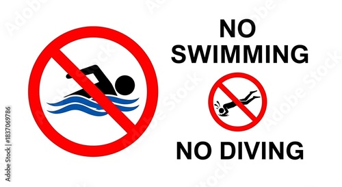 No Swimming and No Diving Warning Sign with Red Circle.