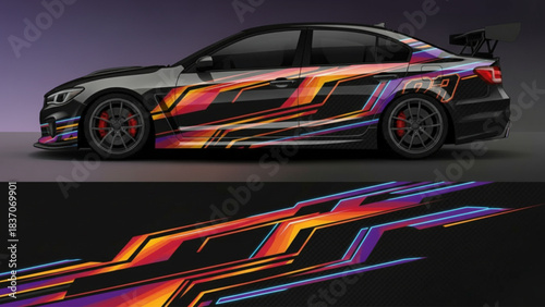 A black car with a vibrant, futuristic, abstract geometric decal in orange, red, purple, and blue.