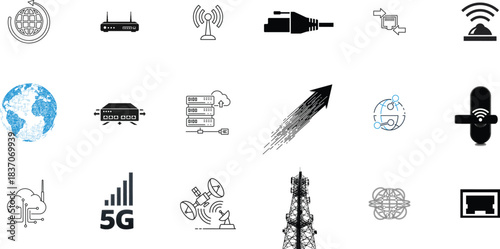 Comprehensive vector icon collection illustrating modern network and communication technology, showcasing global connectivity, data transfer, cloud computing, and wireless internet infrastructure