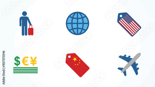 Global Travel and Business Icons Airplane Globe Money Luggage USA Flag Tag China Flag Tag