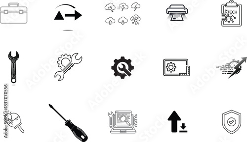 Collection of Line Art Icons Representing Various Tools and Concepts, including Technology, Repair, and Business Processes