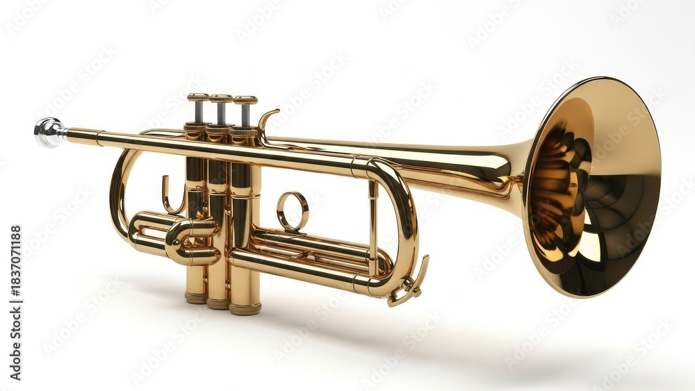 Obraz premium Shiny golden brass trumpet isolated on white background with shadow