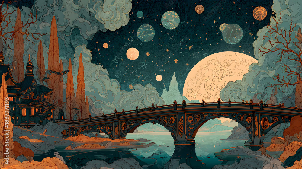 Obraz premium Enchanting moonlit landscape with ornate bridge and celestial sky