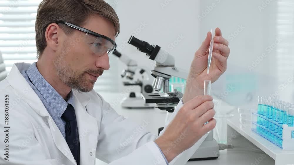 Scientist in lab coat and protective glasses adding reagent to test ...