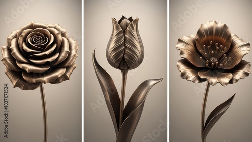 Metallic floral art sculptures: rose, tulip, poppy, bronze tones