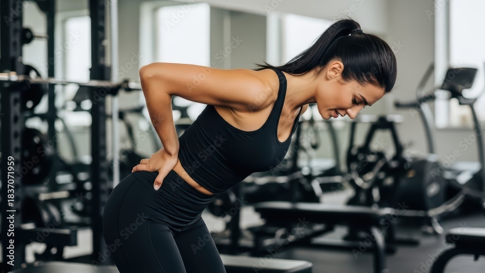 Fototapeta premium Young caucasian female experiencing back pain in gym setting