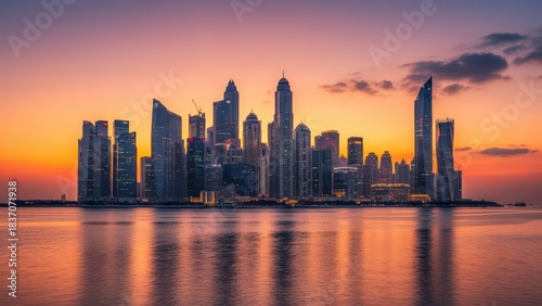 Wallpaper Mural City skyline against vibrant sunset reflection over water Torontodigital.ca