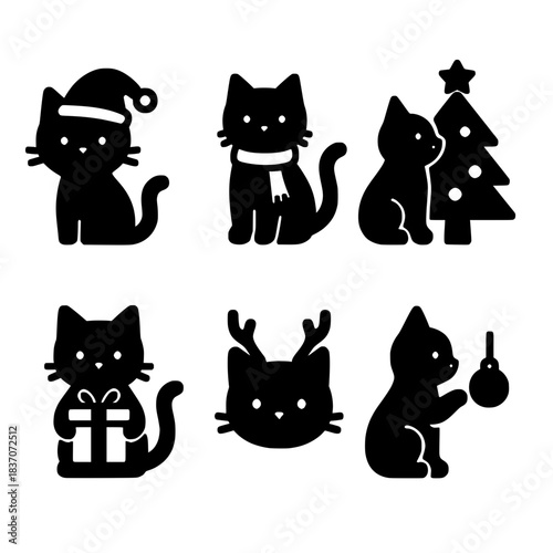 Cute Christmas Cat Vector Set - Holiday Kitten Silhouettes with Santa Hat, Scarf, Reindeer Antlers, Gift, and Xmas Tree