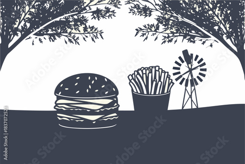Stylized dark blue silhouette illustration of a large hamburger and french fries next to a windmill under tree branches, suggesting a rustic outdoor meal or farm setting