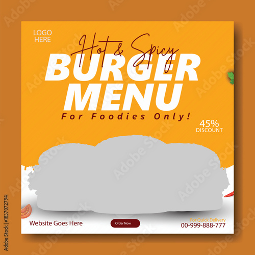 Delicious cheeseburger special offer with price on vibrant teal background for social media and advertising.
Juicy delicious burger with fresh ingredients and special offer advertisement for fast food