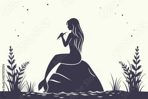 Silhouette of a beautiful mermaid sitting on a rock by the water, holding a small object, surrounded by aquatic plants and stars in a stylized, minimalist design