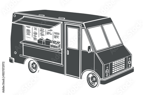 Black and white vector illustration of a food truck with an open service window displaying menu items and containers