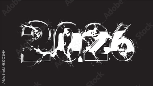 Abstract glitchy numeric artwork titled 2026 featuring shattered lines on a dark background.