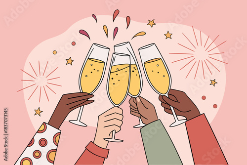 Five diverse hands raise champagne flutes in a toast against a pink background filled with stars and confetti.