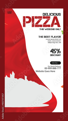Delicious pizza special offer with 45 percent discount and best flavor text on a white background with red accents