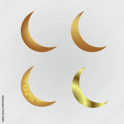 Set of isolated golden crescent moons with smooth gradient and decorative stars on a light background
