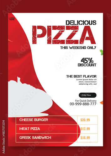Delicious pizza special offer with 45 percent discount and best flavor text on a white background with red accents