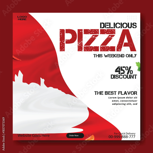 Delicious pizza special offer with 45 percent discount and best flavor text on a white background with red accents