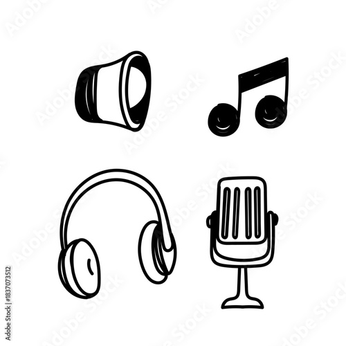hand drawn doodle microphone speaker headset music set collection