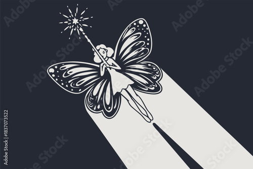 Stylized black and white illustration of a fairy with large butterfly wings holding a magic wand that emits a bright starburst, flying upwards leaving a light trail against a dark background
