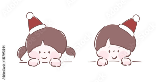 のぞき見している子どものイラストセット／かわいい手描きキッズ／枠から顔を出すポーズ／チラシ・バナー装飾用
