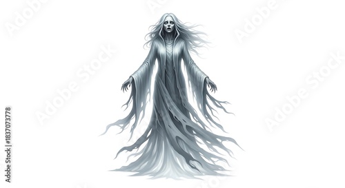 Ethereal Spirit in Flowing Gown - A Hauntingly Beautiful Digital Art Piece.