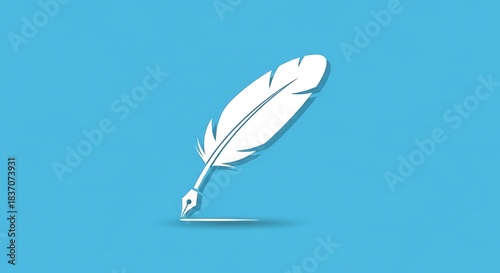 Elegant White Quill Pen Writing on Light Blue Background.