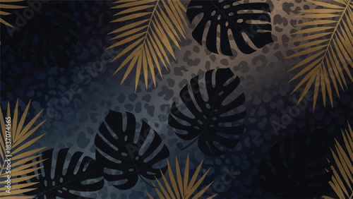 Luxury Gold and Navy Tropical Foliage Pattern with Subtle Leopard Print Background