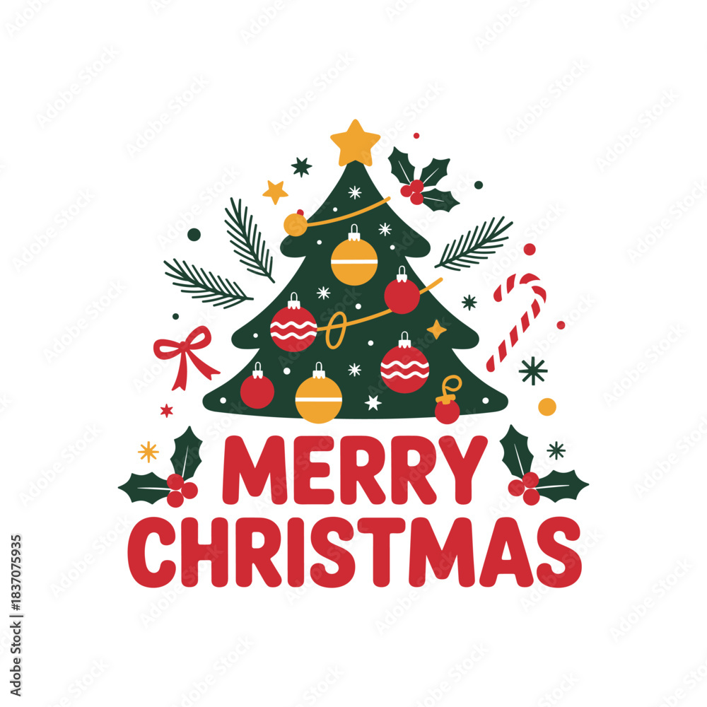 Naklejka premium Festive Christmas Tree Illustration with Ornaments, Holly, and Merry Christmas Text