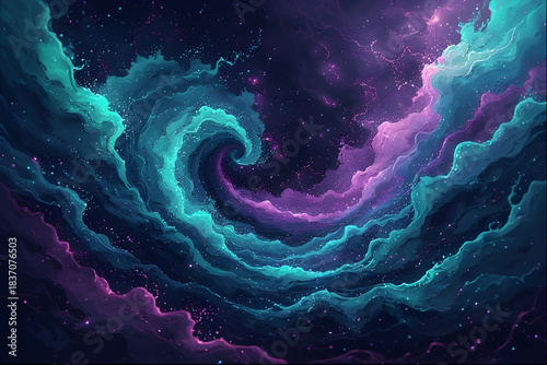 Fantastical cosmic vortex with swirling teal, purple, and blue clouds in star-speckled deep space.