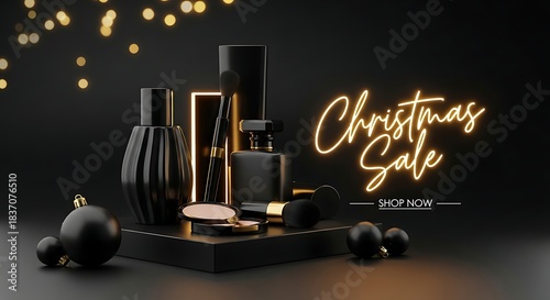 Luxurious Black and Gold Cosmetic Products Elegantly Arranged for a Festive Holiday Beauty Sale on a Dark Background with Shimmering Bokeh Lights