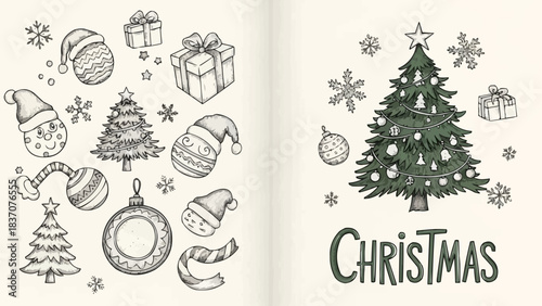 Christmas festive decorations and tree sketch illustration for holiday season.
