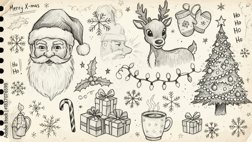 Hand-drawn Christmas Doodles - Santa, Reindeer, Tree, and Festive Elements.