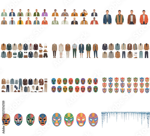 png set of icons depicting diverse individuals in suits, masks, and headwear, showcasing variety and cultural representation.