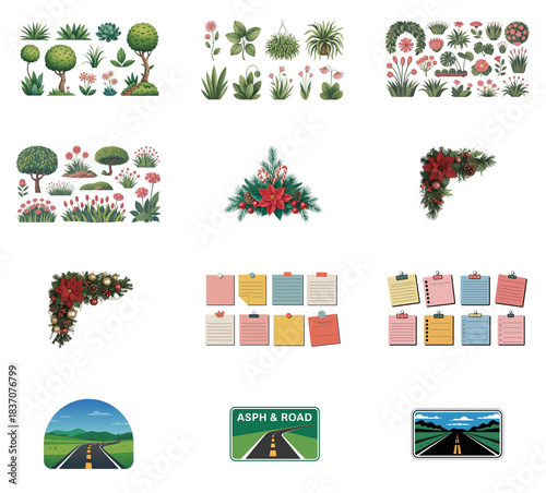 png set of icons depicting various plants, flowers, roads, and landscape elements for design purposes.