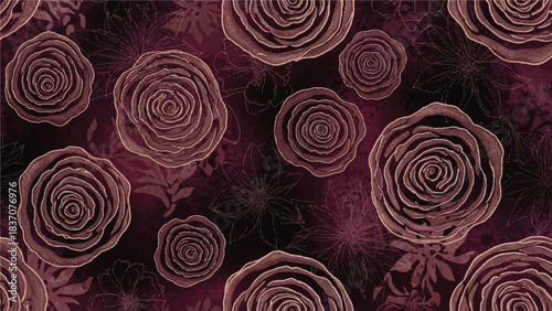 Dark Moody Burgundy and Pink Rose Seamless Pattern with Intricate Floral Outline Background