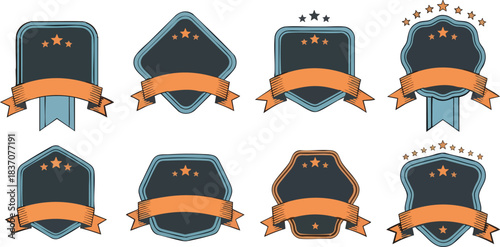 Eight stunning vintage badge emblems with orange ribbons perfect for premium quality branding and certification
