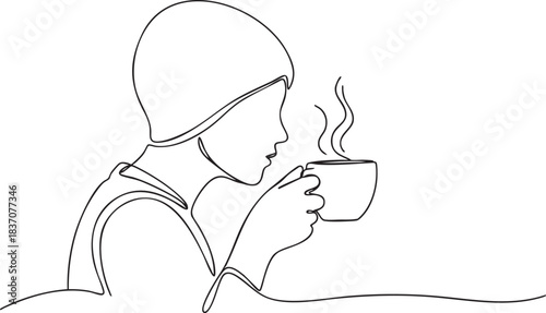 Savoring a warm, aromatic cup of coffee, a moment of pure, peaceful indulgence captured in a single, elegant line.