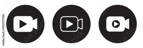 Video camera with play button icon in generic design. Black color video camera icon set.