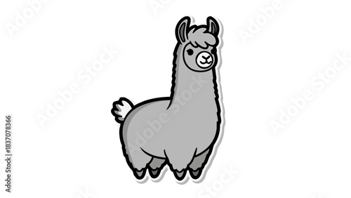 A Gray Cartoon Llama Standing Against A Black Background With A White Outline And A Small Fluffy Tail
