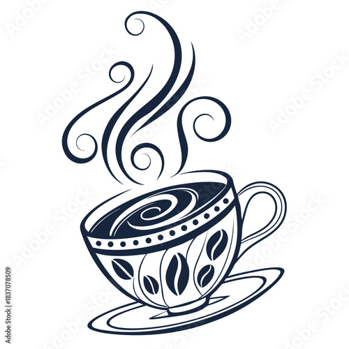 Artistic monochrome illustration of a steaming decorative coffee cup with elegant swirl elements