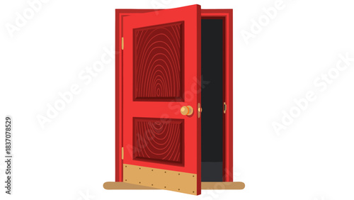 A bright red wooden door is partially open revealing a dark interior space with a golden doorknob and wood grain detail on a neutral floor.